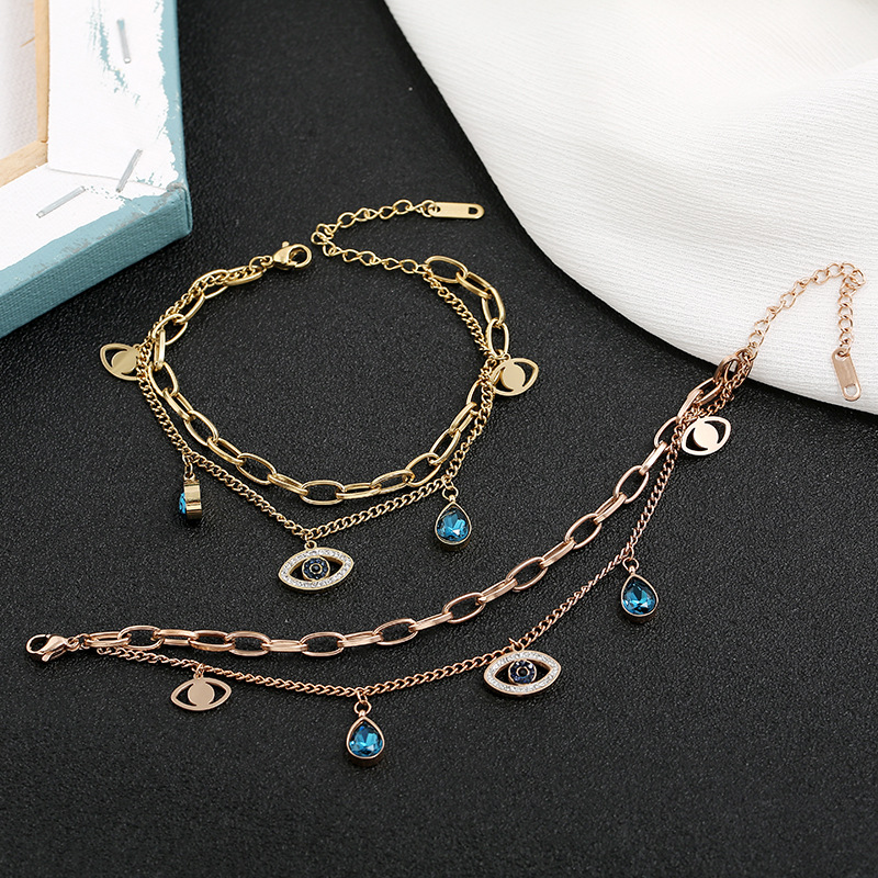 INS Hot Selling Double Layer Water Drop Sapphire Turkish Eyes Bracelet Titanium Steel Blue Crystal Evil Eyes Charms Bracelet