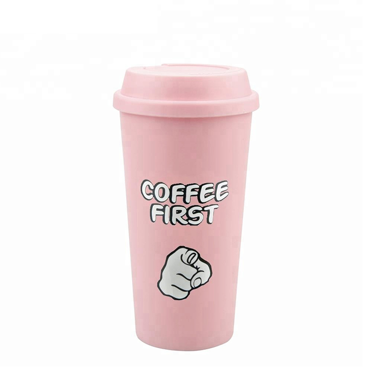 Factory 16OZ OEM Custom logo BPA free pink 16oz plastic reusable pp coffee mug with lid