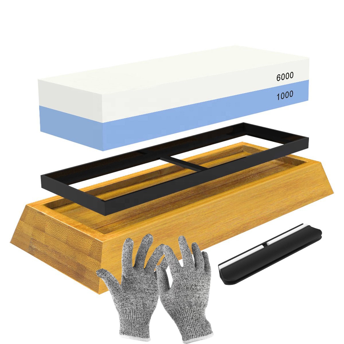 natural water knife sharpening stone whetstone 1000 6000 with bamboo base angle guide,cut resistance mitt