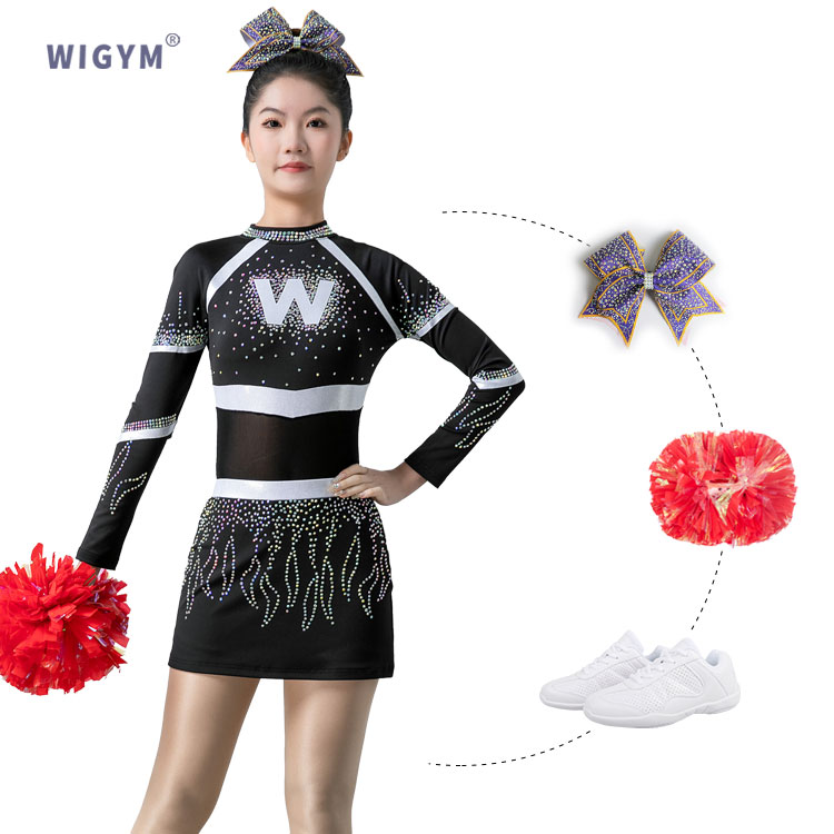 Newly customized black jumpsuit long sleeved cheerleading performance suit, team uniform, cheerleading jacket cheerleading