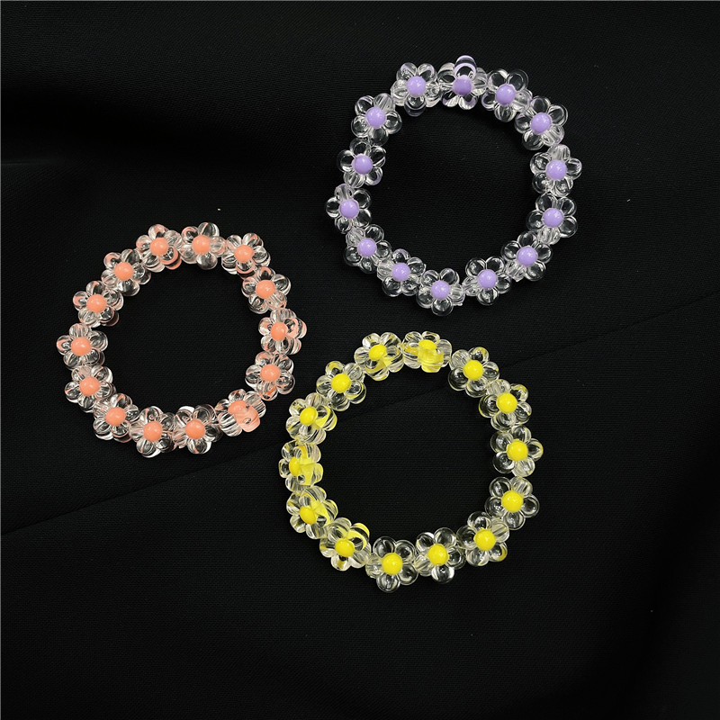 Popular Elastic Adjustable Bracelet Girly Shiny Transparent Color Flower Cute Purple Acrylic Beaded Bracelet for Women Girls