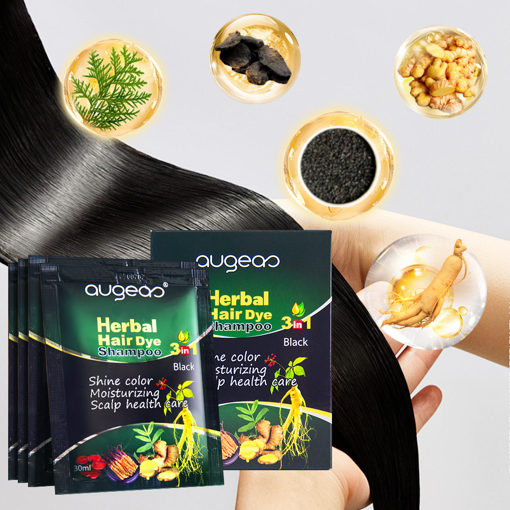 Augeas instock wholesale natural herbal natural cover white gray hair sachet permanent black hair dye shampoo hair dye for home