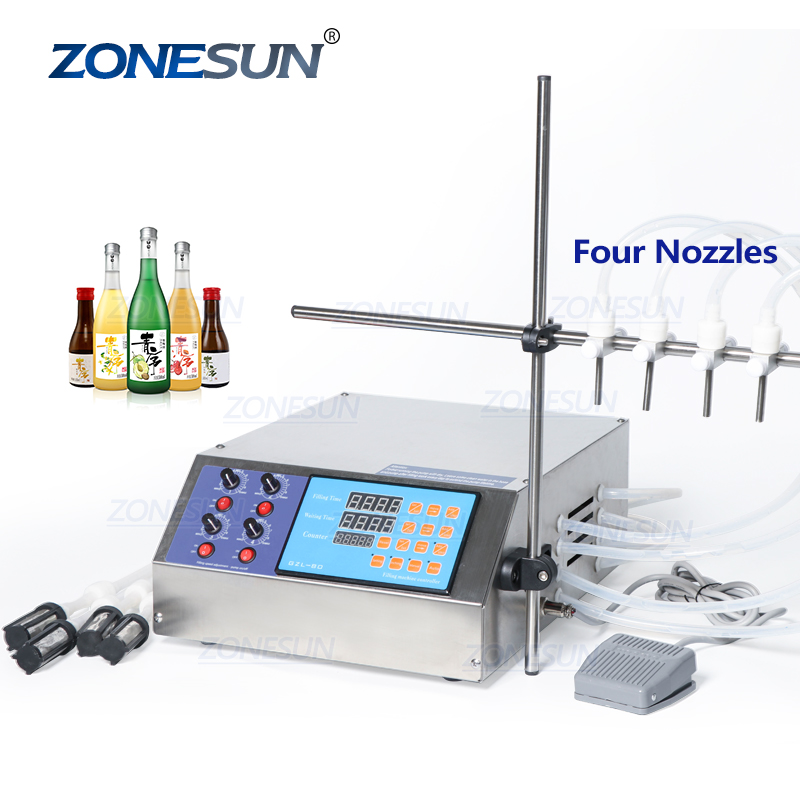 ZONESUN, 4 головки, наполнитель для бутылок, полуавтоматическая настольная машина для розлива жидких флаконов для сока, напитков, соевого соуса, масла, парфюма