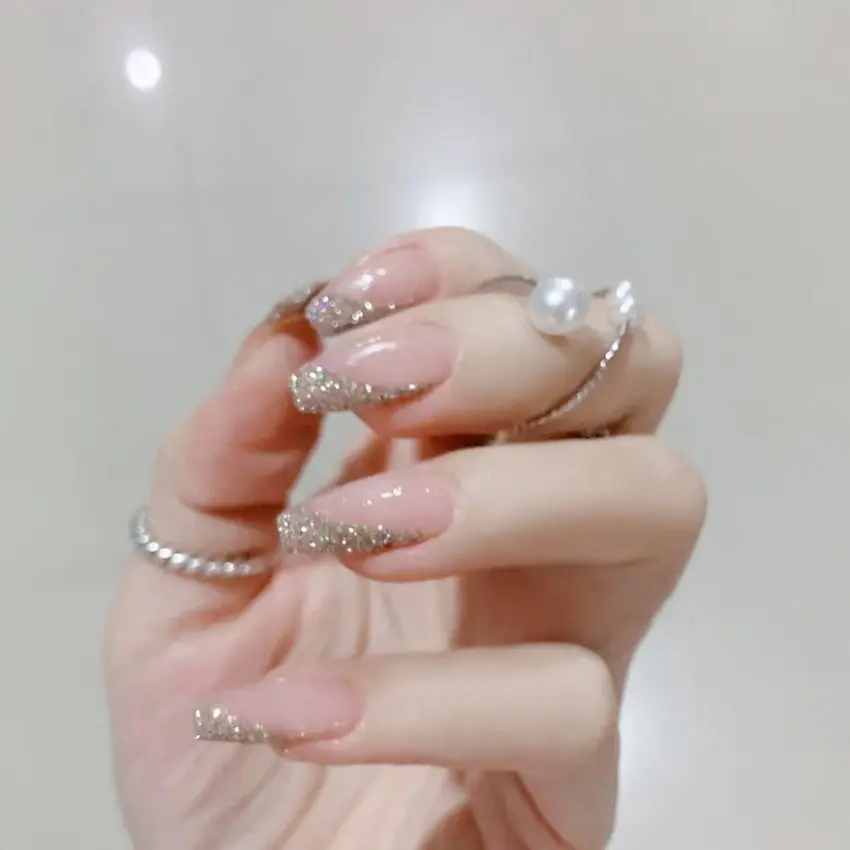 P157 P series artifical long false nail press on acrylic korea fashion pre designed curve white and shine french style nails