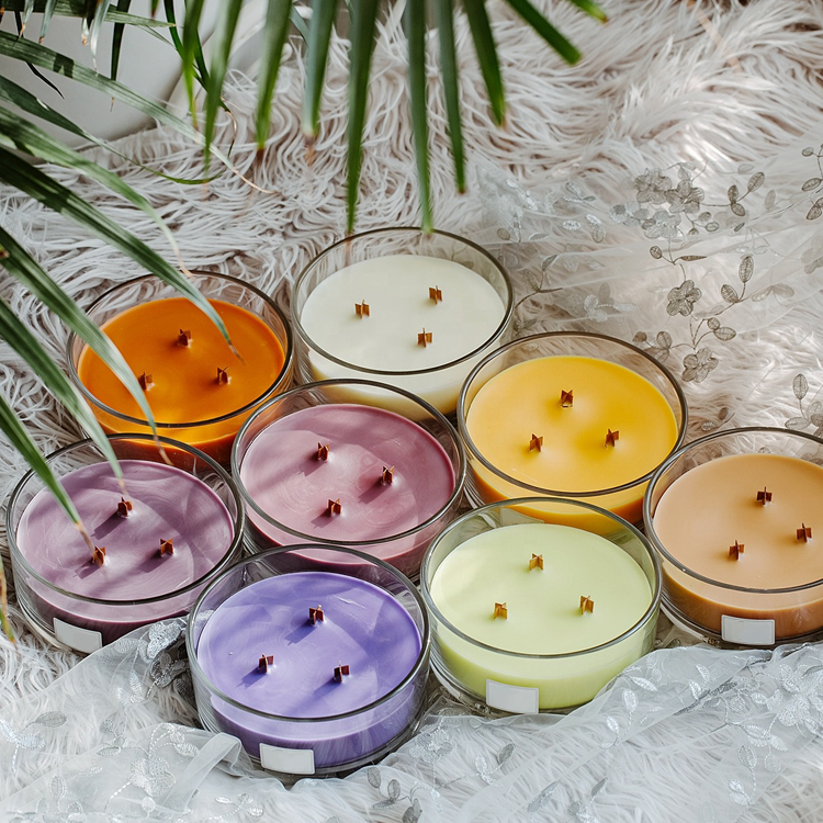 custom personalise logo clear white glass jar with lid luxury 3 wood wicks soy wax scented candle
