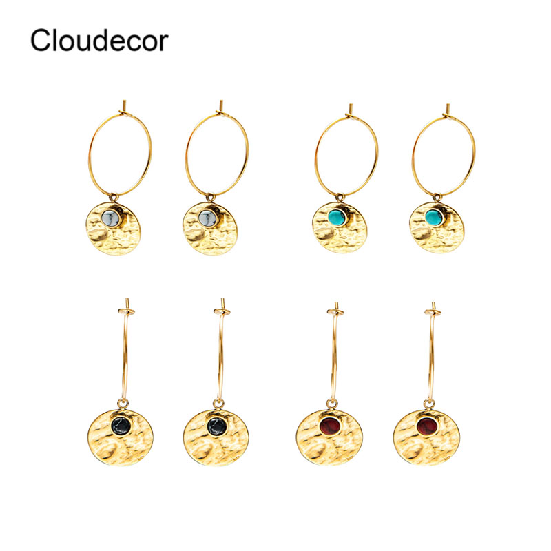 Gold Hammered Hoop Earrings Stainless Steel Drop Earrings Natural Stone Inlaid Accesories For Woman Hawaiian Jewelry Wholesale
