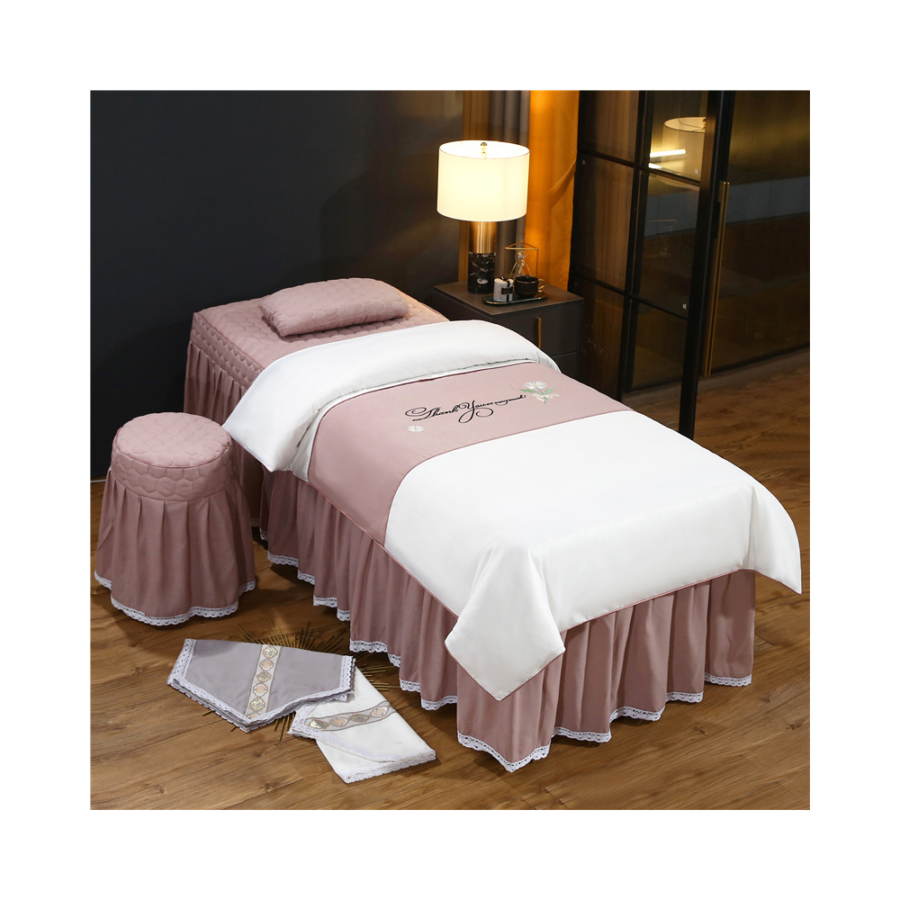 Custom Embroidered beauty bedspread four piece bed skirt spa massage table sheet set