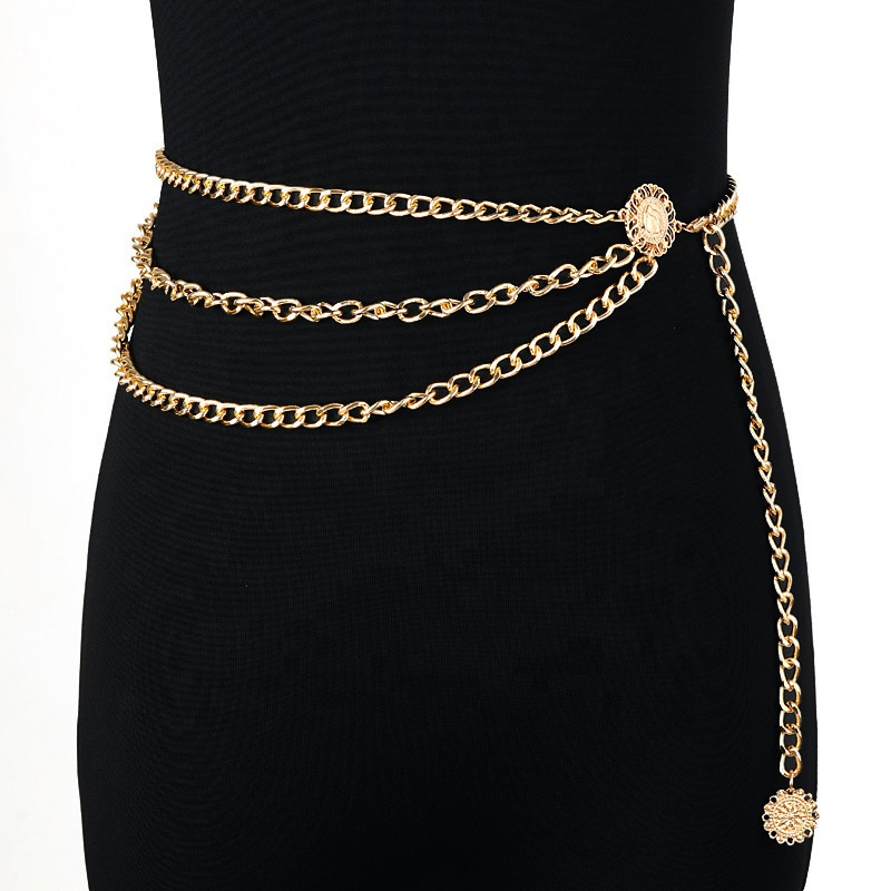 Sexy Long Belly Waistbands for Dress Jeans Skirt Glod Color Fancy Multilayer Metal Waist Chain Dress Belt for Women