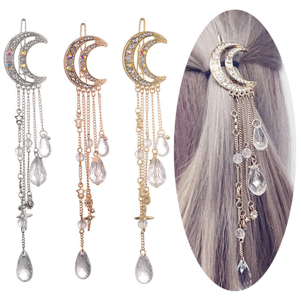 Fashion Elegant Women Bands Lady Moon Rhinestone Crystal Tassel Long Chain Beads Dangle Hairpin Clip Hair Jewelry