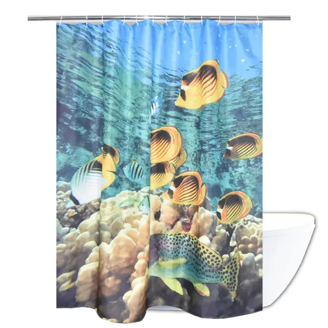 Ocean Design Fish Custom Printing Polyester Waterproof Fabric Bathroom Curtain
