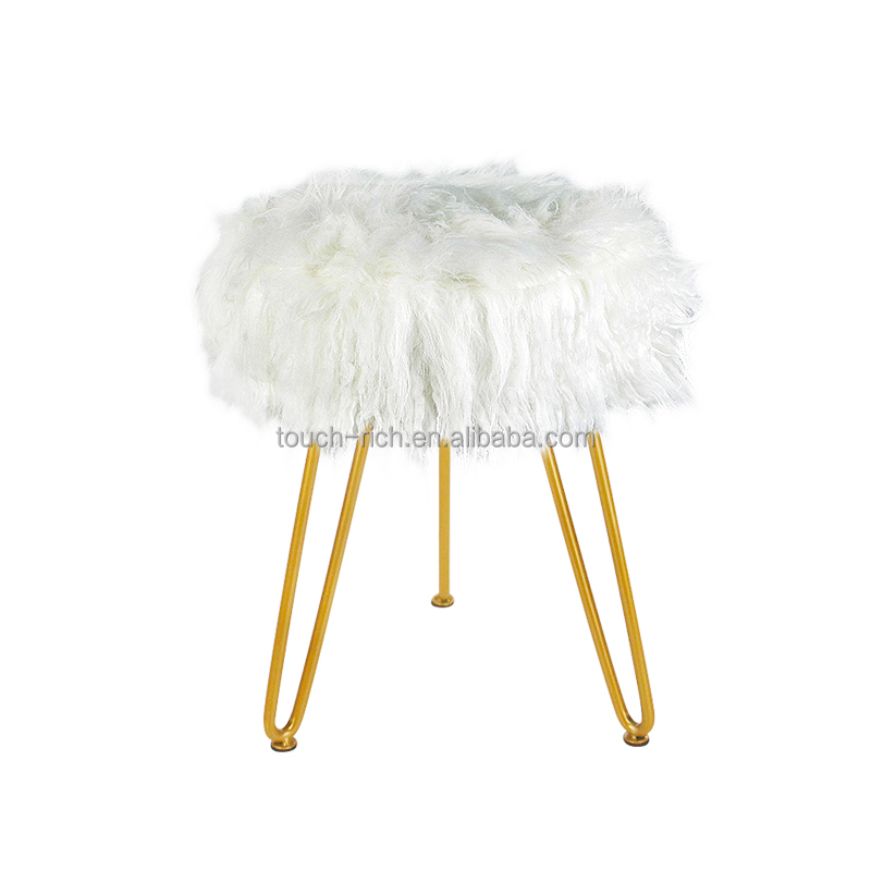 White Faux Fur Vanity Stool Chair Soft Furry Compact Padded Seat Living Room, Bedroom Metal Legs Foot Rest Ottoman