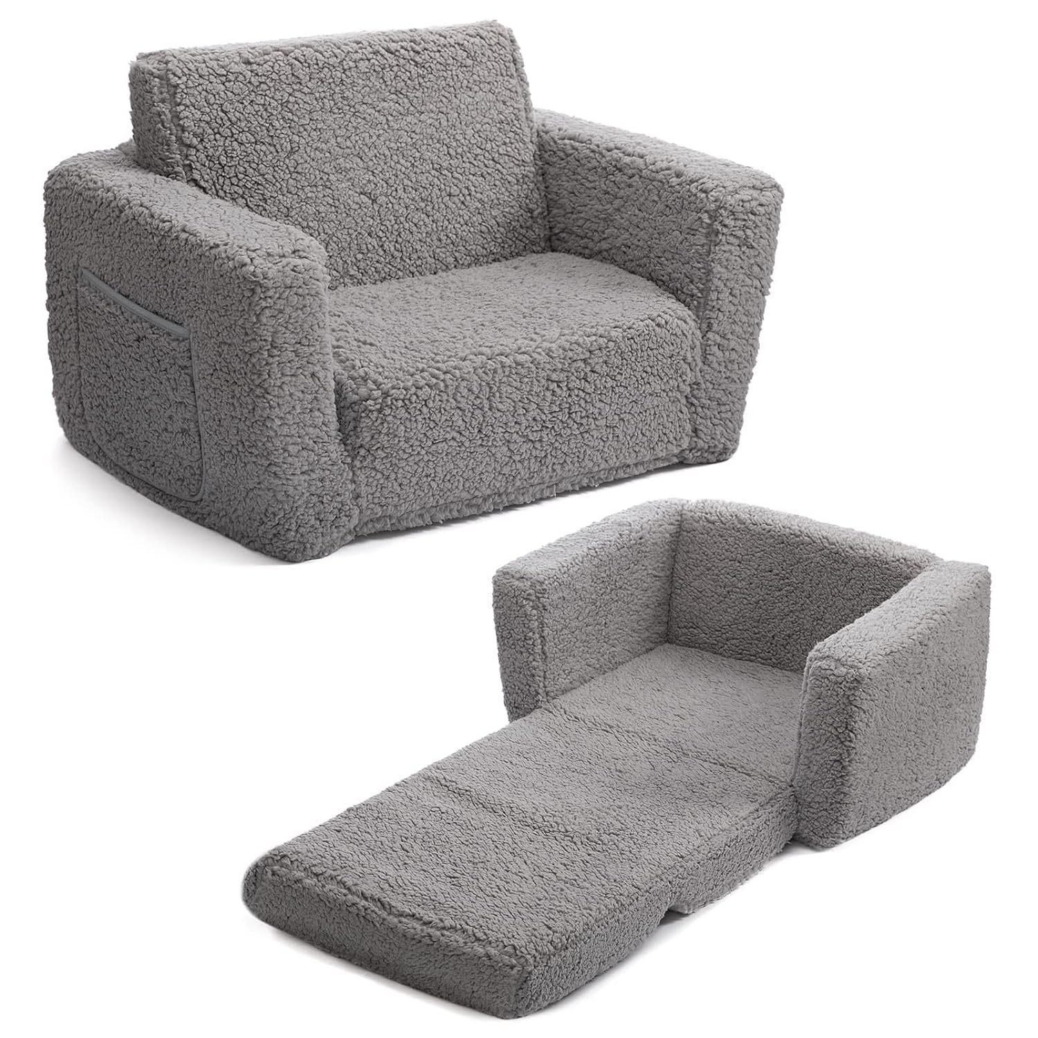 Birthday Gift Convertible Sofa 2-in-1 Flip Out Cuddly Sherpa Toddler Couch Kids Sofa Bed for Girls Boys