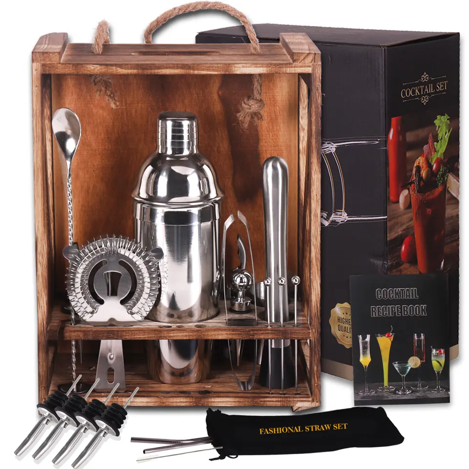 Cheap Price 18 Piece luxury Bar Set Cocktail gift sets 304 Stainless Steel Cocktail Shaker Set With Wooden Stand Metal Straws