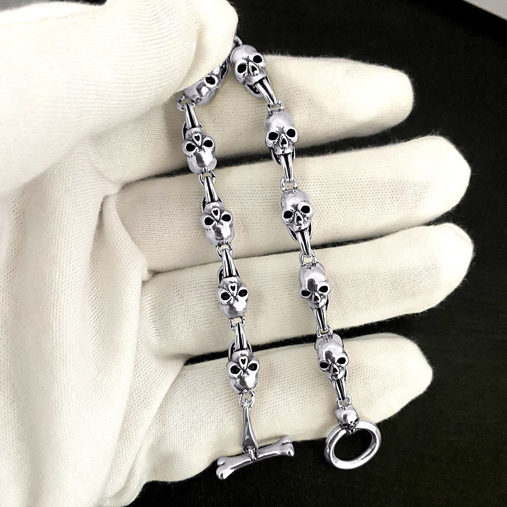 Odian Chrome Skull Bracelet Punk Hip Hop Heart Jewelry Retro Thai Silver Hand Brand Cross Bracelet Gift for Male Female Couples