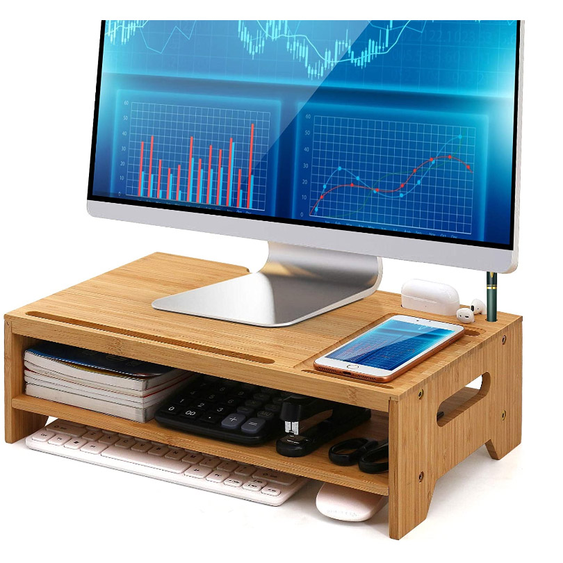 Solid Wood Screen Double Monitor Stand  Monitor Stand Riser Wood Drawer  2 Tier Adjustable Laptop Stand for Desk