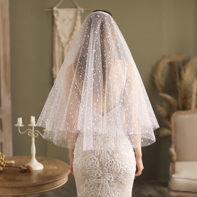 Фата свадебная со звездами SLBRIDAL, двухслойная белая кружевная, с гребнем, свадебная одежда, аксессуары для невесты, Бракосочетание