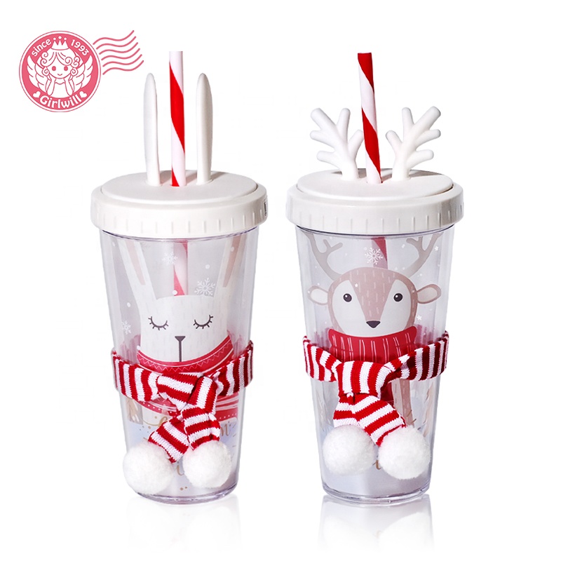 Girlwill BPA Free Custom logo Elk Christmas Mugs Kids Cute Gift Scarf decoration Plastic Cups With Lids And Straw Tumbler Cups