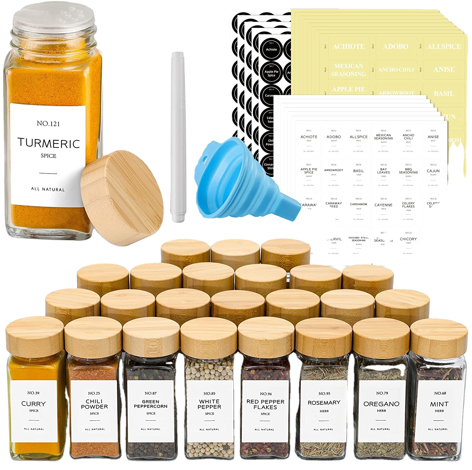 Custom Kitchen Spice Jars Herb and Spice Containers Seasoning Bottles 4 oz square Glass Spice Jars with Wooden Bamboo Lid Set