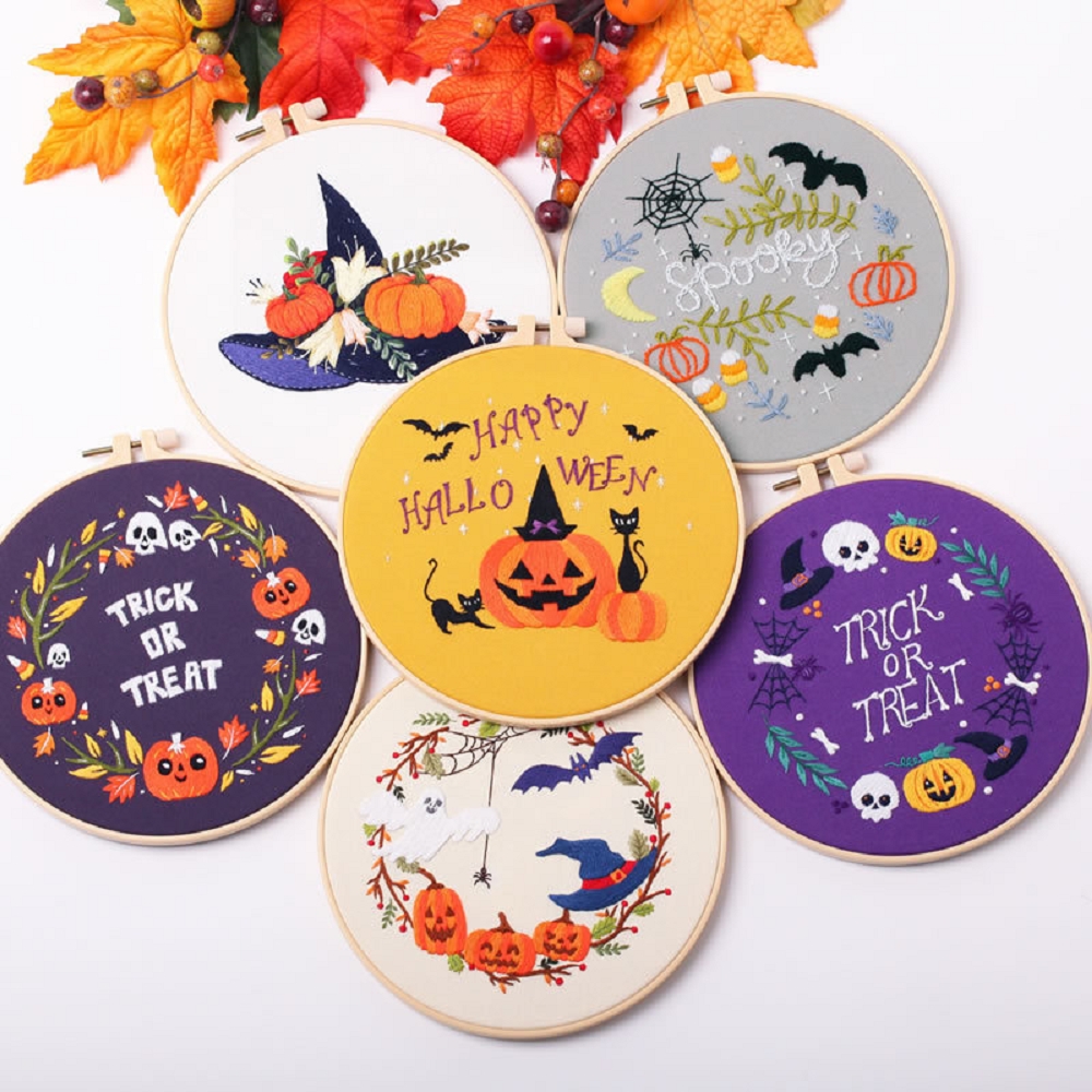 Halloween Embroidery Kit Home Decor with Hoop, Thread, Needles, Full Kit, DIY Craft for Beginner