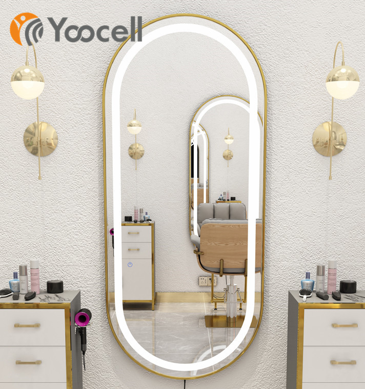 Yoocell одностороннее со светодиодной подсветкой, высокое качество, лидер продаж, салонная мебель, настенное зеркало с золотой рамкой для парикмахерской