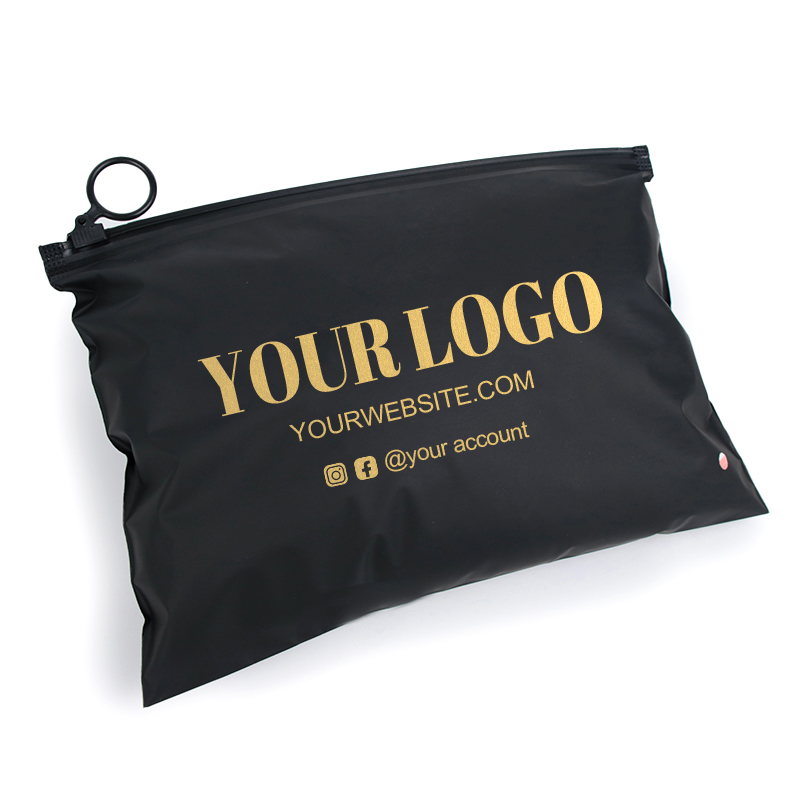 Custom Matte Black Reusable Plastic Bag With Logo Printed, Ring Slider Zipper, Plastic Packaging for Clothes