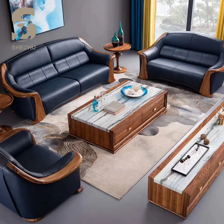 Wooden Model Design Home Wood Arms Sitting Leather Sofa Set Living Room Furniture Black Leather Sofa Couch Set