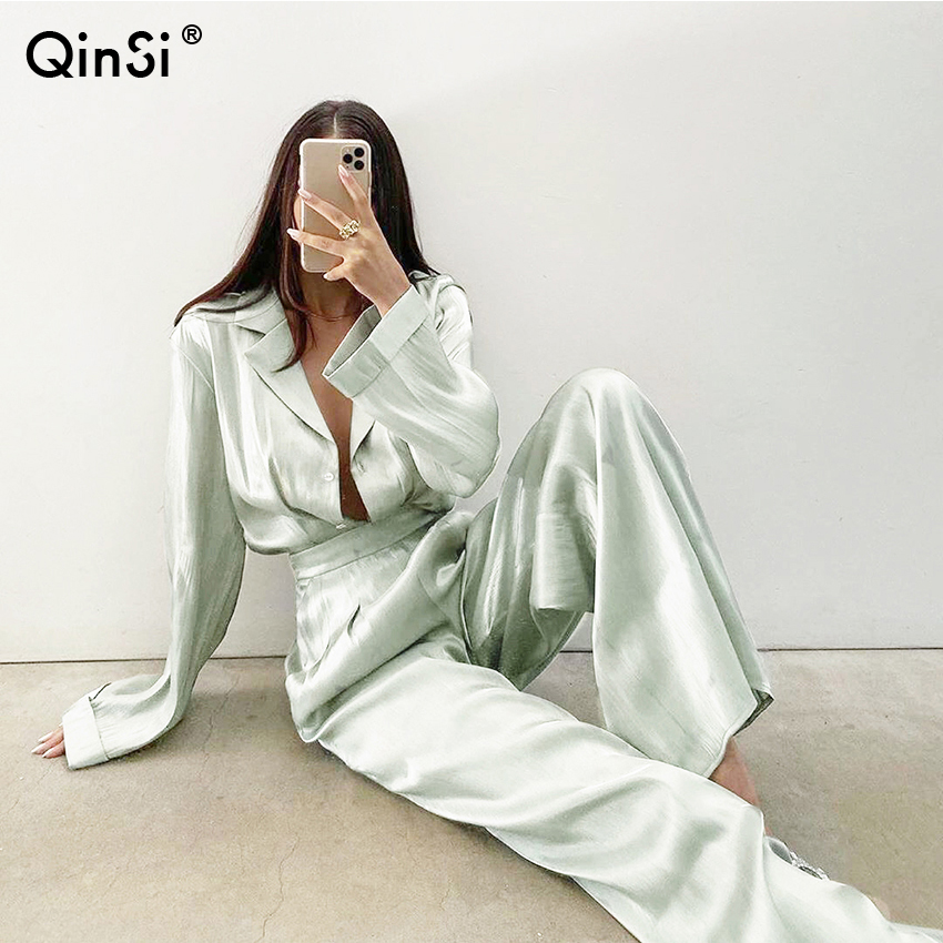QINSI 2020 осенний тканый свитер костюм Повседневный Новый продукт темпераментный жилет с цепочкой тканая куртка + эластичные брюки комплект из двух частей