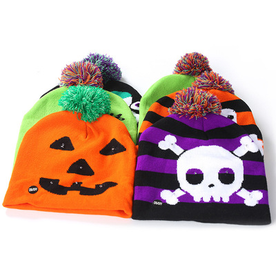 Factory Wholesale Light Up Beanie Hat Novelty LED Halloween Knitted Hat Unisex Halloween Eye Ghost Pumpkin Hat for Adult Kids
