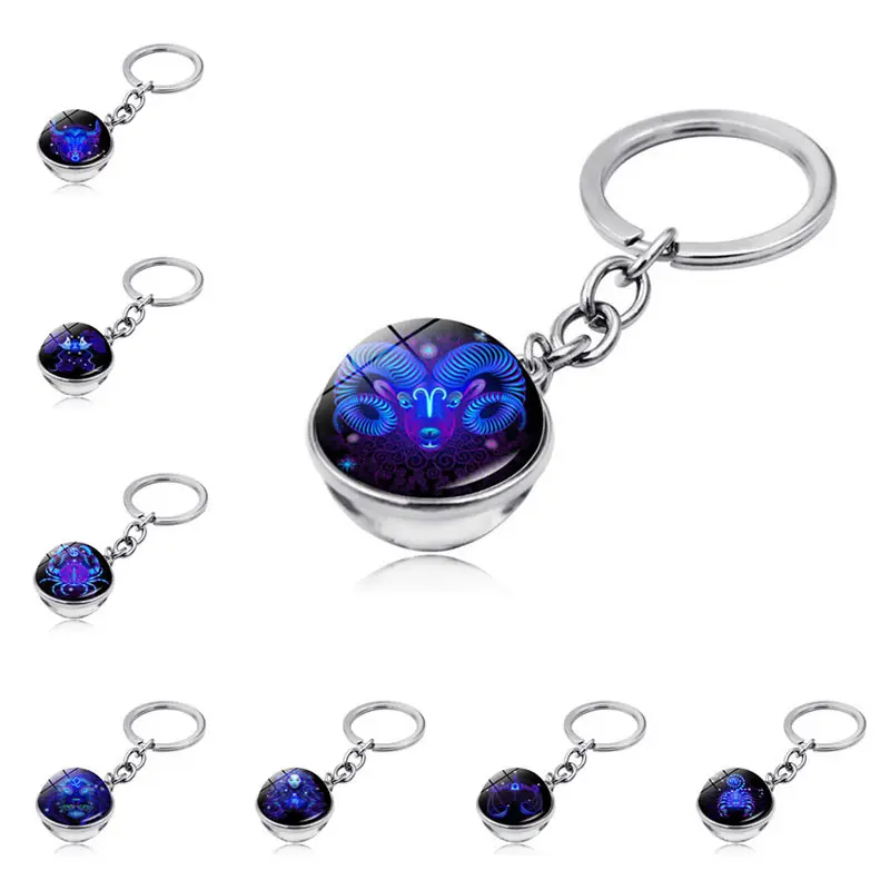 Zodiac Keychain Custom 12 Constellations Gem Stone Double Sides Glass 3D Ball Key Chain Fashion Science & Technology Keychain