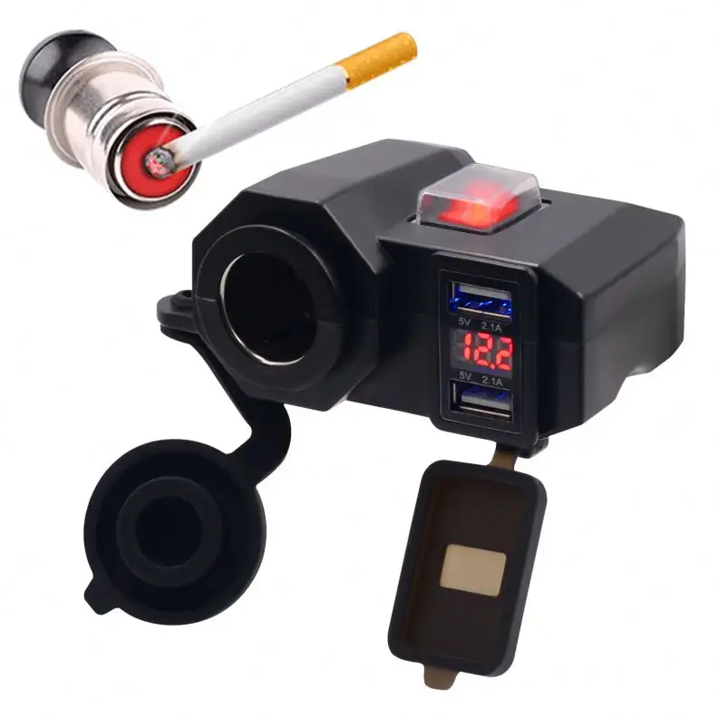 Waterproof LED Voltmeter Motorcycle 12V Dual USB Charger With Cigarette Lighter Socket