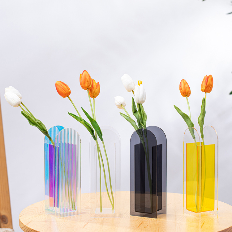 New Hot Custom Acrylic Colored Arched Shape Geometric Vase Clear Iridescent Vase for Dried Flower for Home Decor