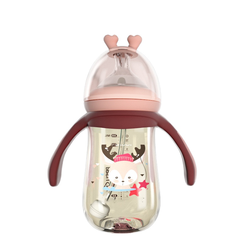 Wide diameter anti-choking temperature PPSU feeding bottle 300ml, anti-flatulence anti-fall, with handle straw for baby feed