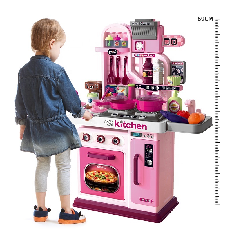 Samtoy 69CM Simulation Girl Pink Role Pretend Play Preschool food Cooking Toys 53PCS Kids Kitchen Set With Rich Accessories