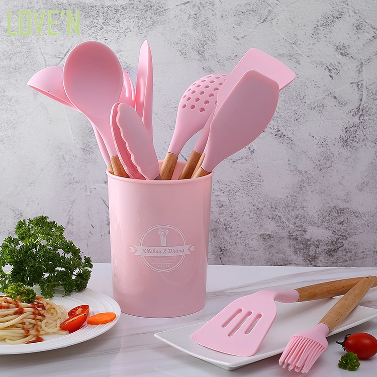 LOVE'N 12 шт. антипригарная силиконовая лопатка с деревянной ручкой, кухонные аксессуары, кухонная утварь, набор силиконовых инструментов с хранилищем