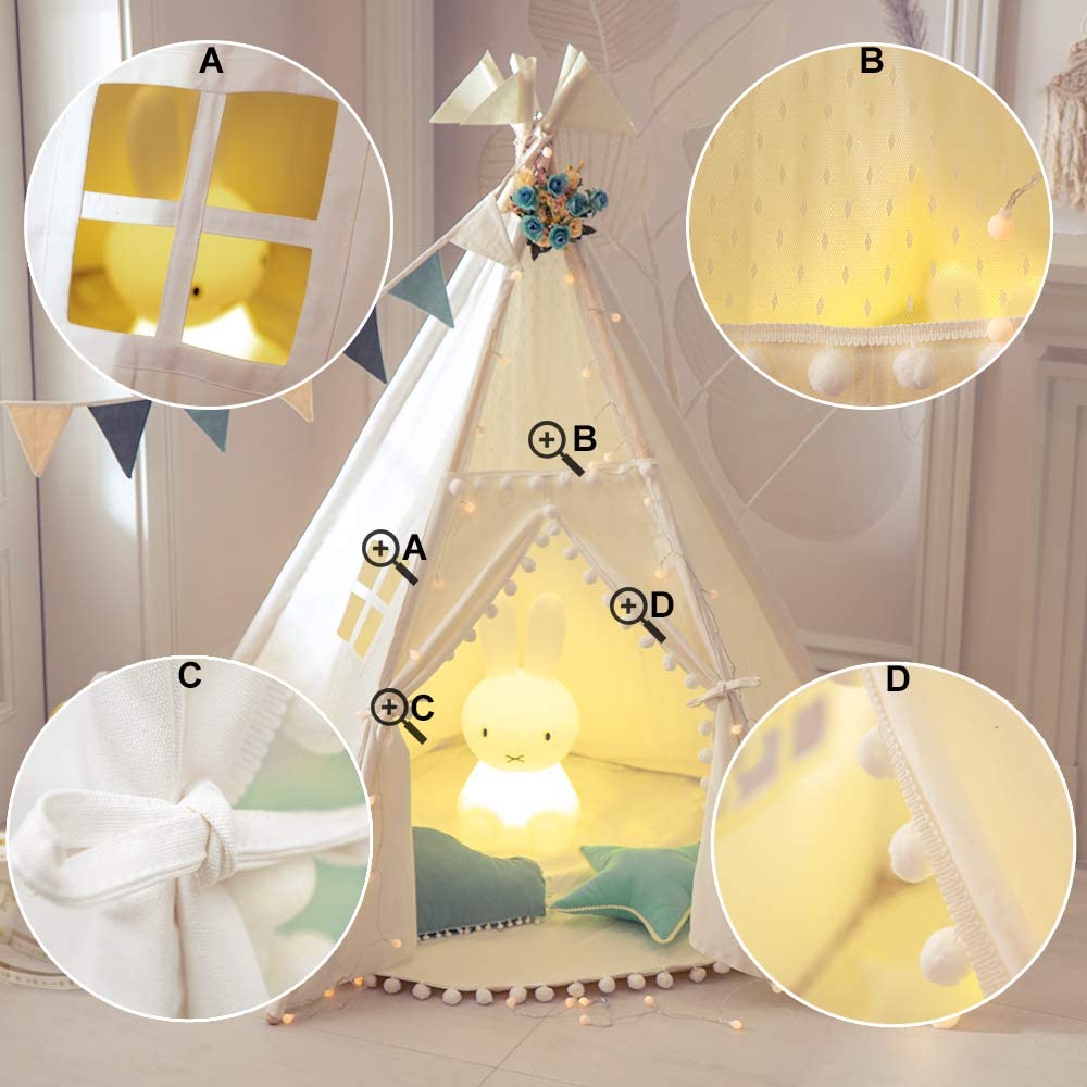 Kids Teepee Tent - Five Poles Indian Play Tents Toddlers Boys Girls Playhouse Pompom Lace Cotton Canvas Tipi with Carry Bag