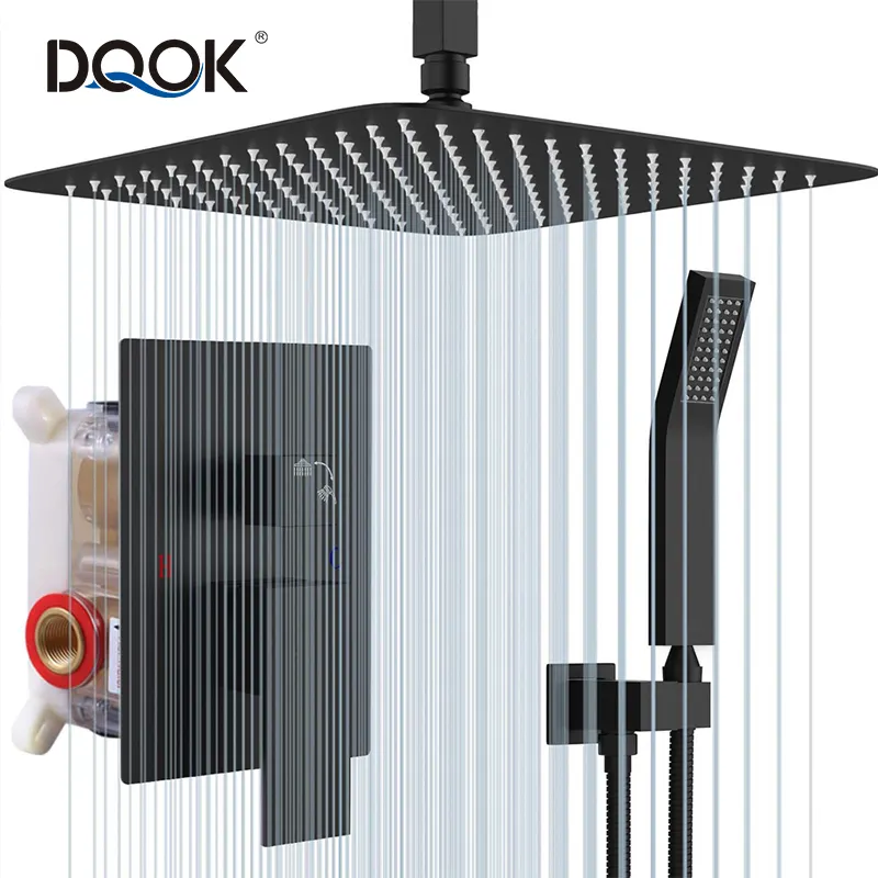 DQOK Best Sale 2 Functions Square Rainfall Rain Ceiling Shower Matte Black Bathroom Concealed Shower Set