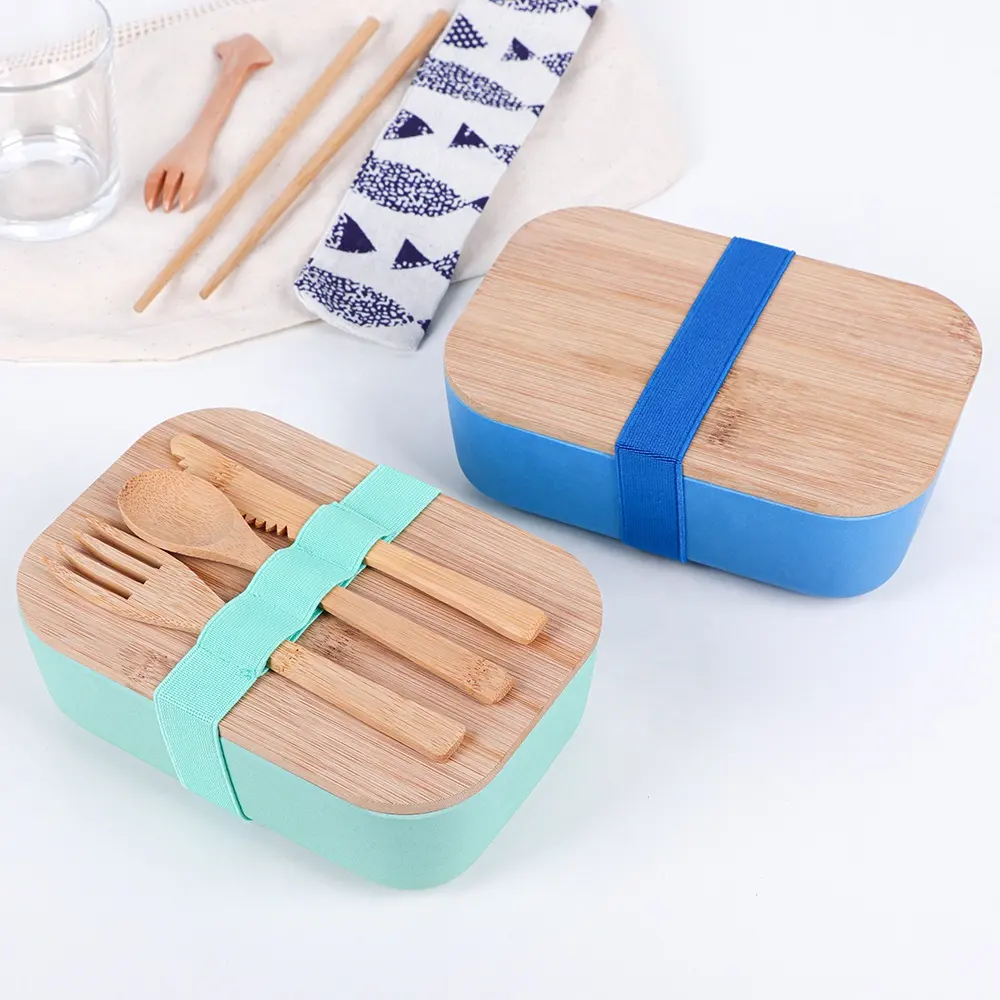 Bamboo bento lunch box salad food storage container leakproof lid with cutlery