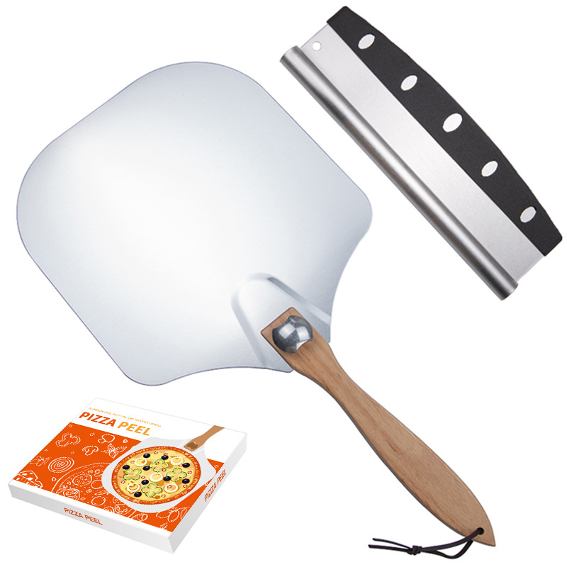 2Pcs Baking Tools Kit Wooden Handle Aluminum Folding Pizza Peel PIzza Cutter Set