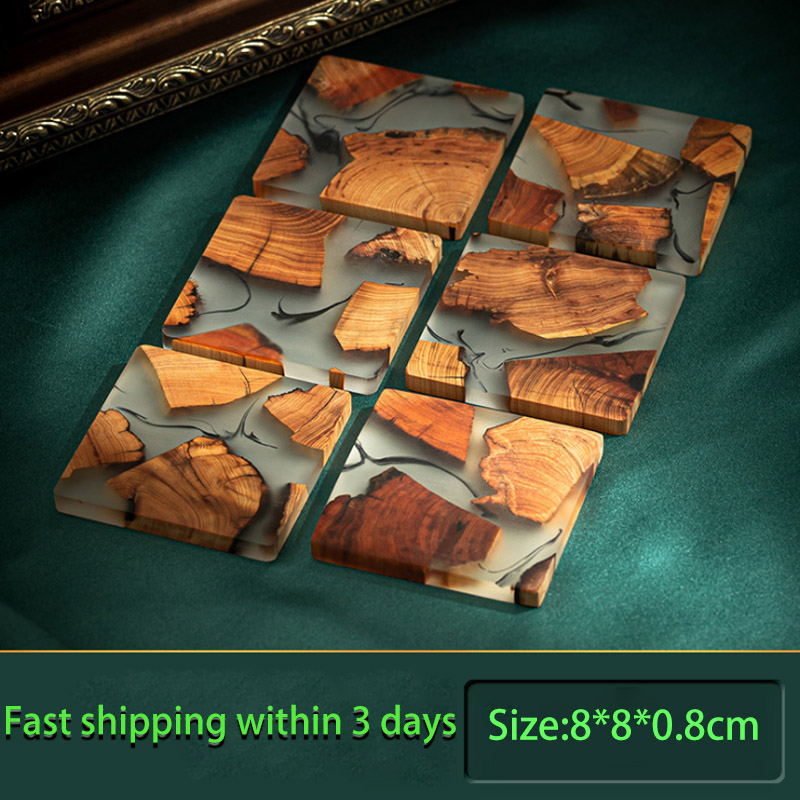 Customize Square Round Tea Cup Crystal Epoxy Pine Wood Resin Coaster With Holder Set