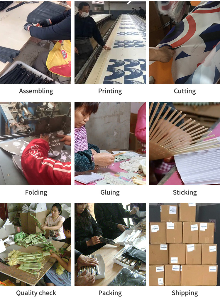 Custom logo pattern large Kongfu silk fabric printed carved bamboo craft folding hand held rave fan for night party