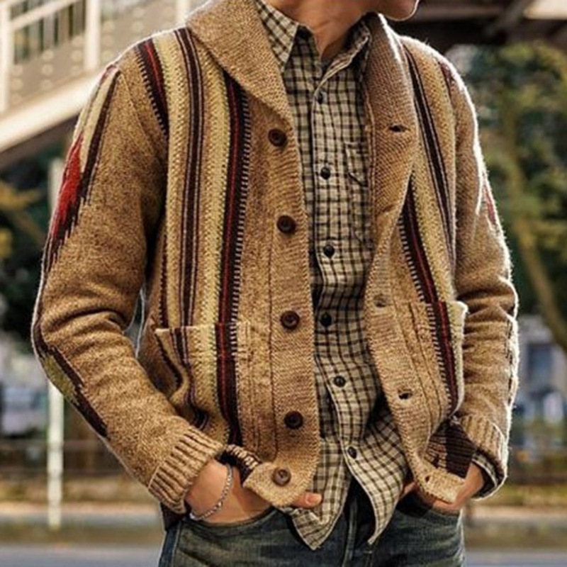 2021 men's long sleeve Striped Sweater cardigan autumn winter british fashion lapel regular long sleeve men knitted sweater coat