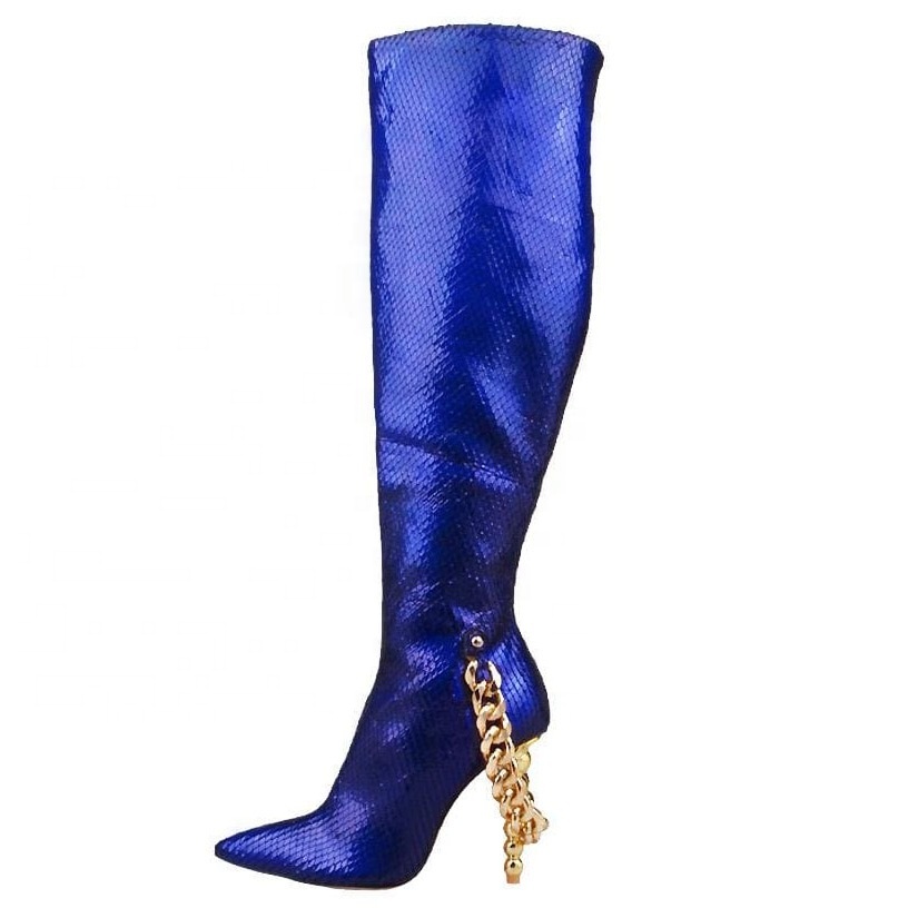 Enmayer new fashion ladies luxury boots custom high-quality metal chain decoration dress shoes pearl heel women's boots