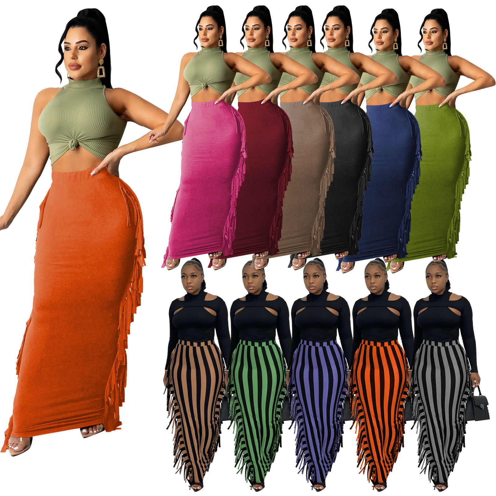 2021 winter skirt woman frosted fabric lovely printed stripe tassel skirt on both sides High waist long skirts woman clothing