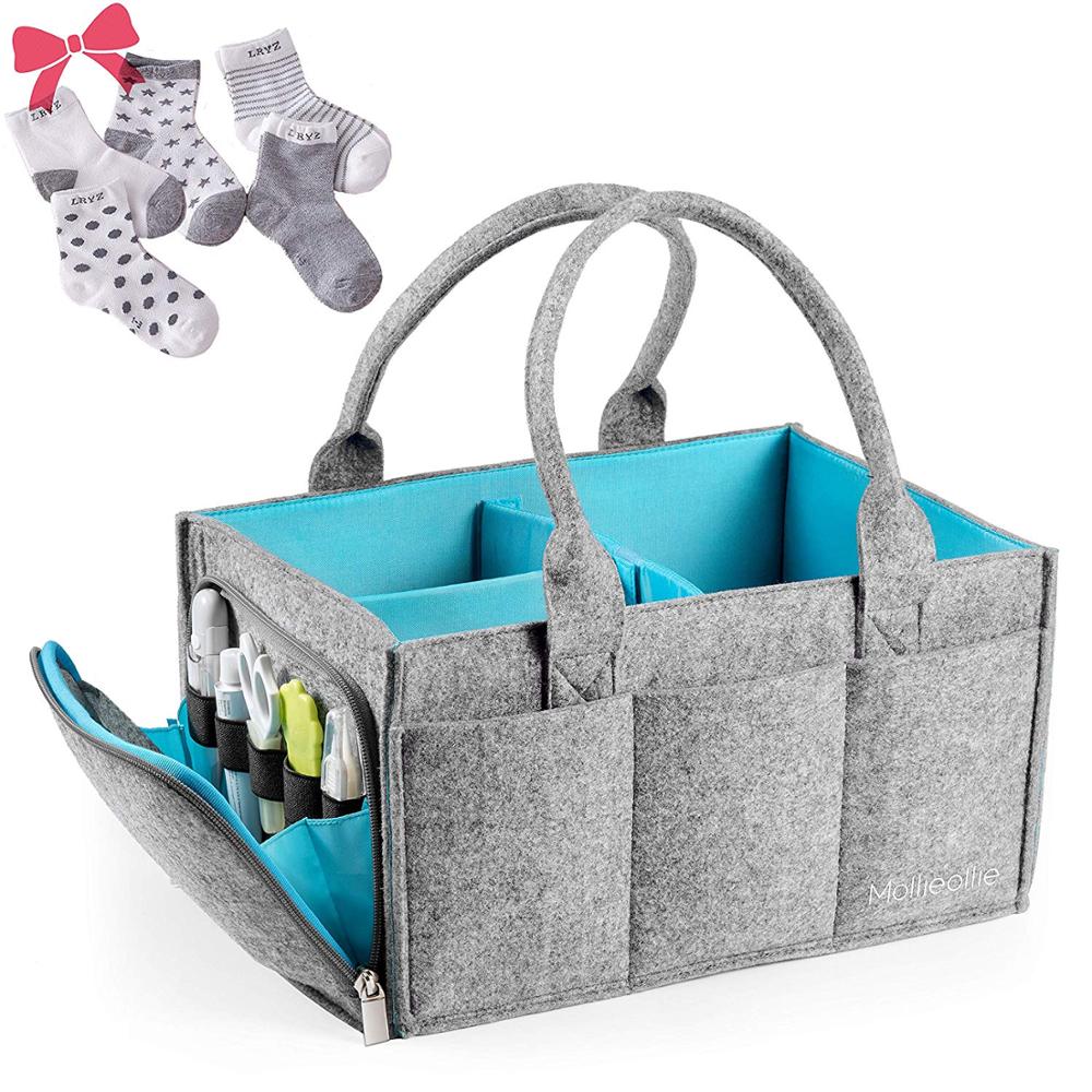 Portable Nursery Storage Bin Felt Baby Diaper Caddy Organizer with Zipper Pocket