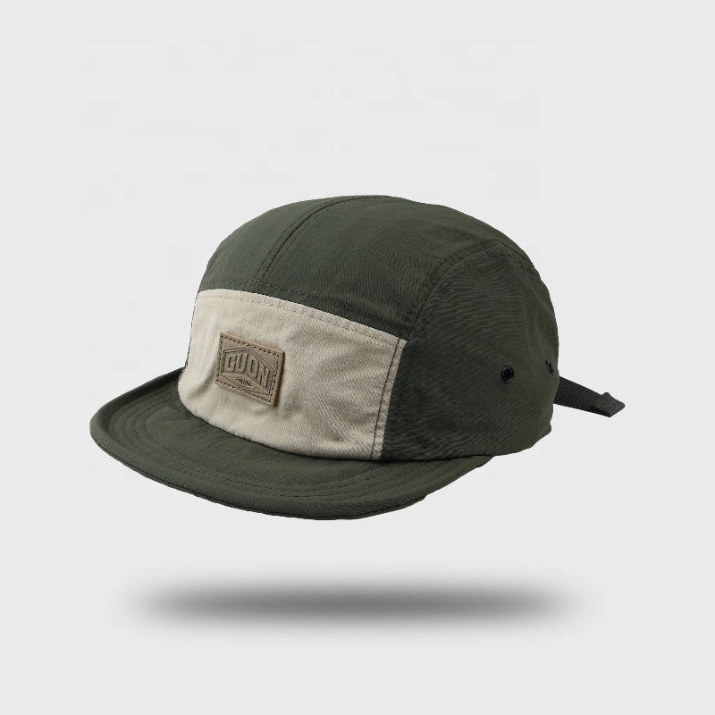 Wholesale High Quality Leather Patch Logo 5 Panel Running Hat Quick Dry Camp Cap For Men Women