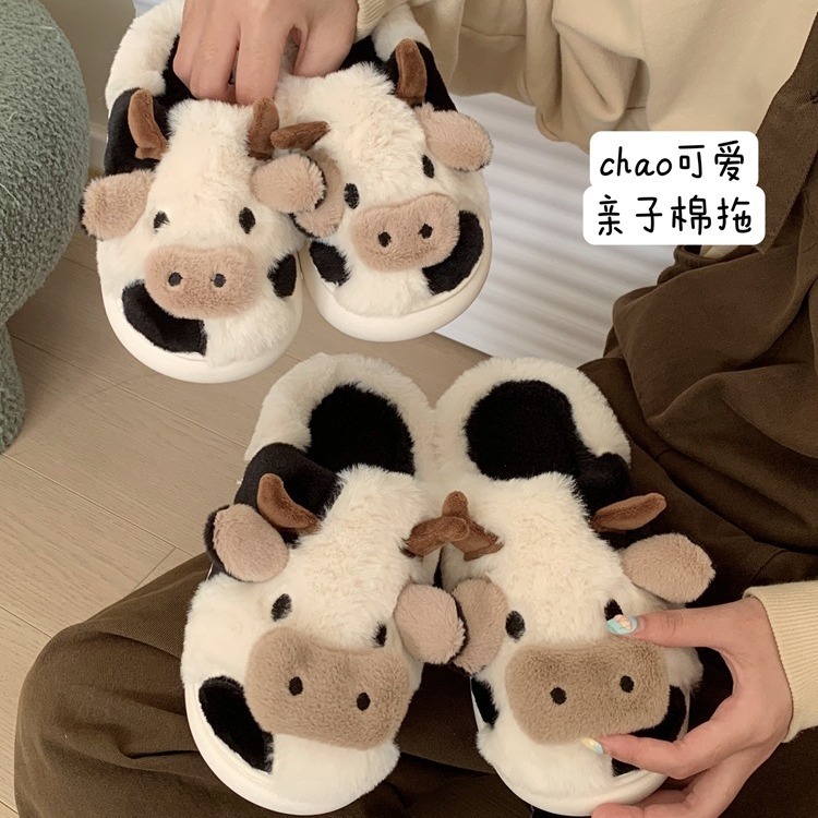 New fluffy 2024 animal cow slippers women men couples soft fur women warm slides cartoon milk cow plush casual shoes mujer botas