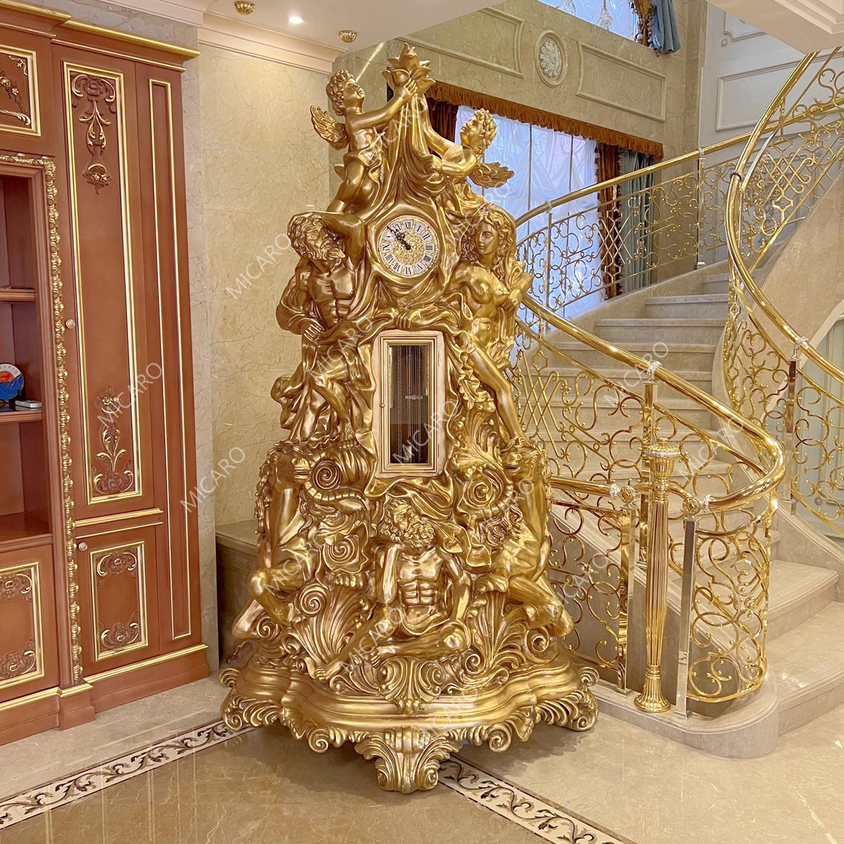 Luxury European style high quality Germany machine movement wooden golden standing floor clock