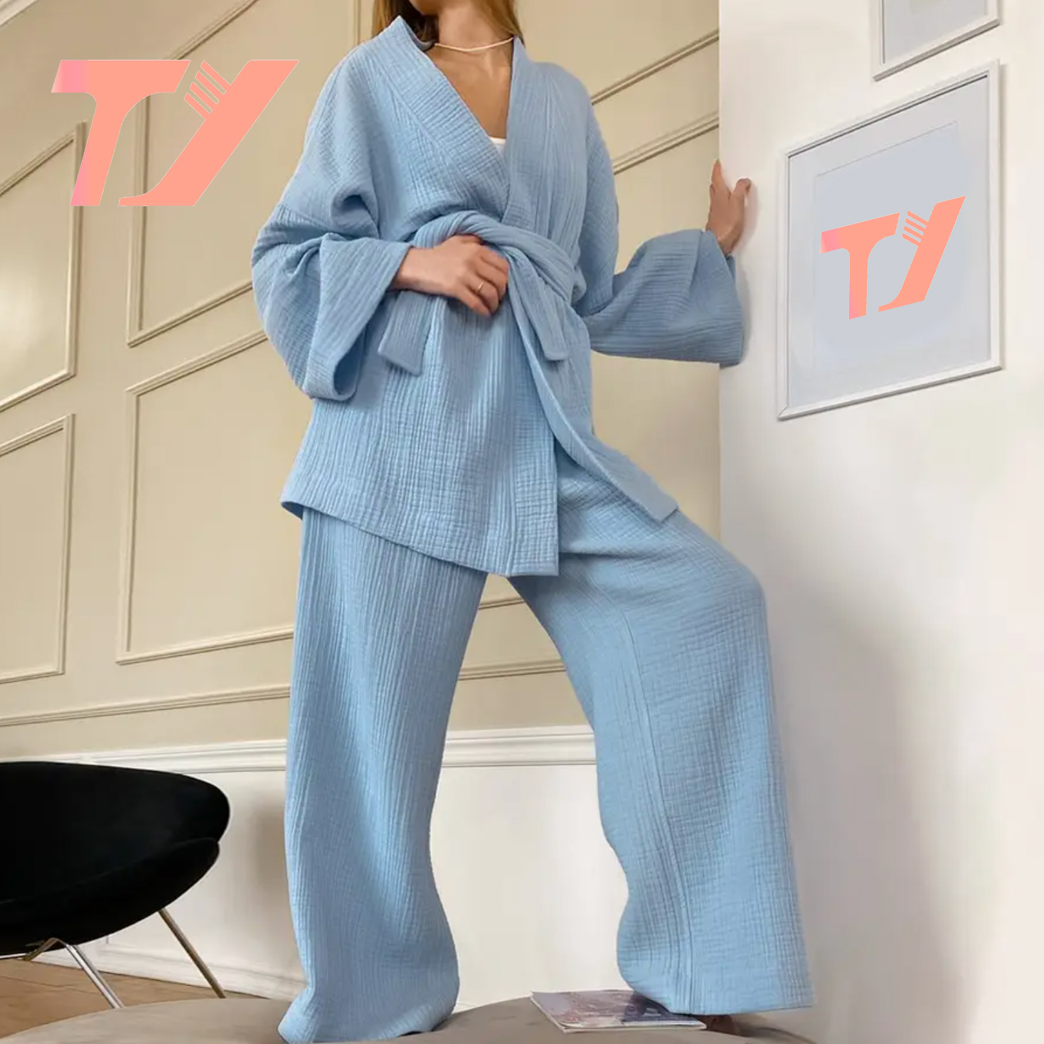 TUOYI sexy luxury breathable soft 100% pure french flax linen lady's women pajamas two piece lingerie sets