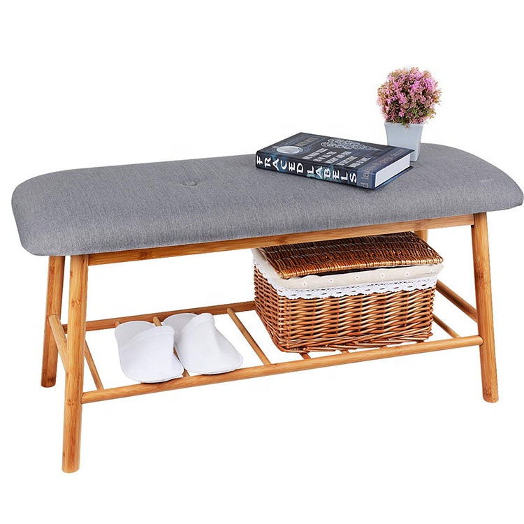 Shoe Rack Bench Ottoman Upholstered - Grey Padded Cushion Bamboo Storage Seat Shelf Free Standing Entryway Hallway Bedroom