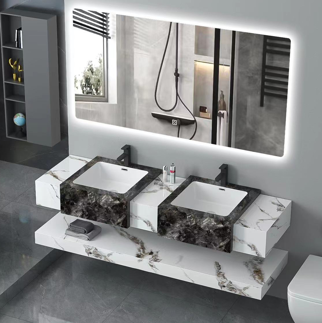 New Style Bathroom Furniture Double Layer Sinered Stone Counter Ceramic Integrated Basin Bathroom Cabinet with Smart Mirror